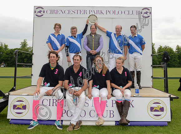 presentation, both teams on rostrum, runners up Coxwell sat in front, with Lodge Service stood behind with Sterling McGregor centre, holding trophy aloft.